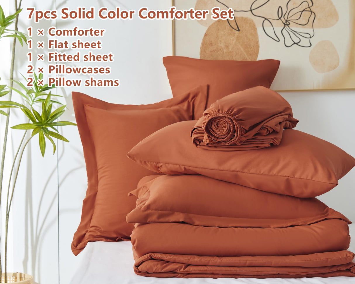Queen Comforter Set Burnt Orange, 7 Pieces Bed in a Bag Terracotta
