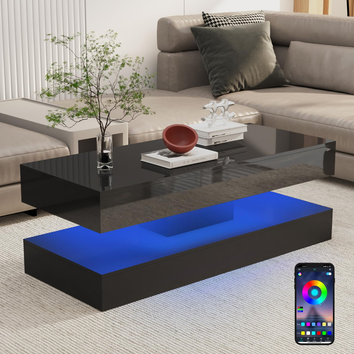 47.3IN High Glossy LED Coffee Table,Modern Coffee Table for Living Room