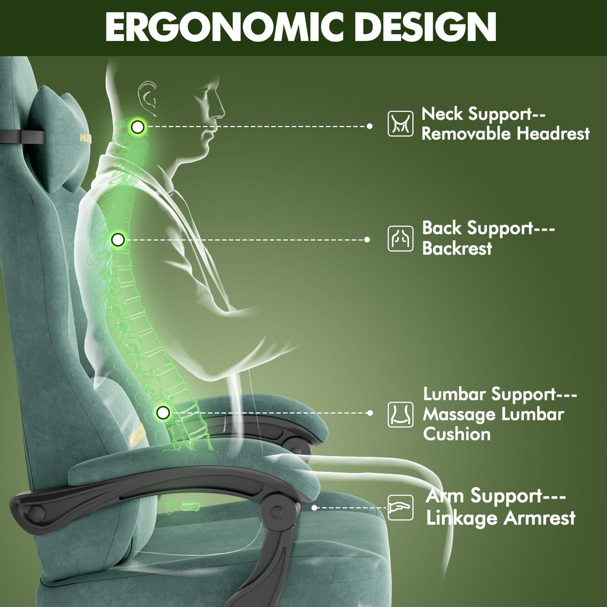Velvet Gaming Chair with Footrest - Ergonomic High Back Computer Chair with Massage Lumbar Support