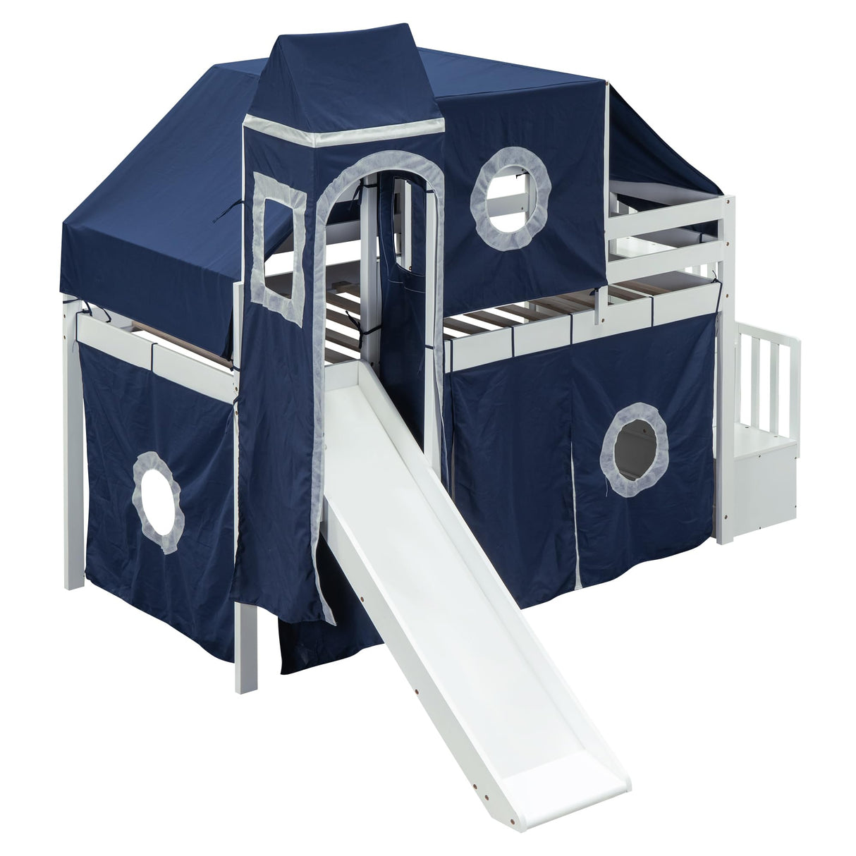 Designs House Loft Bed with Slide and Storage Stairs, Wood Kids Loft Bed with Tent and Tower