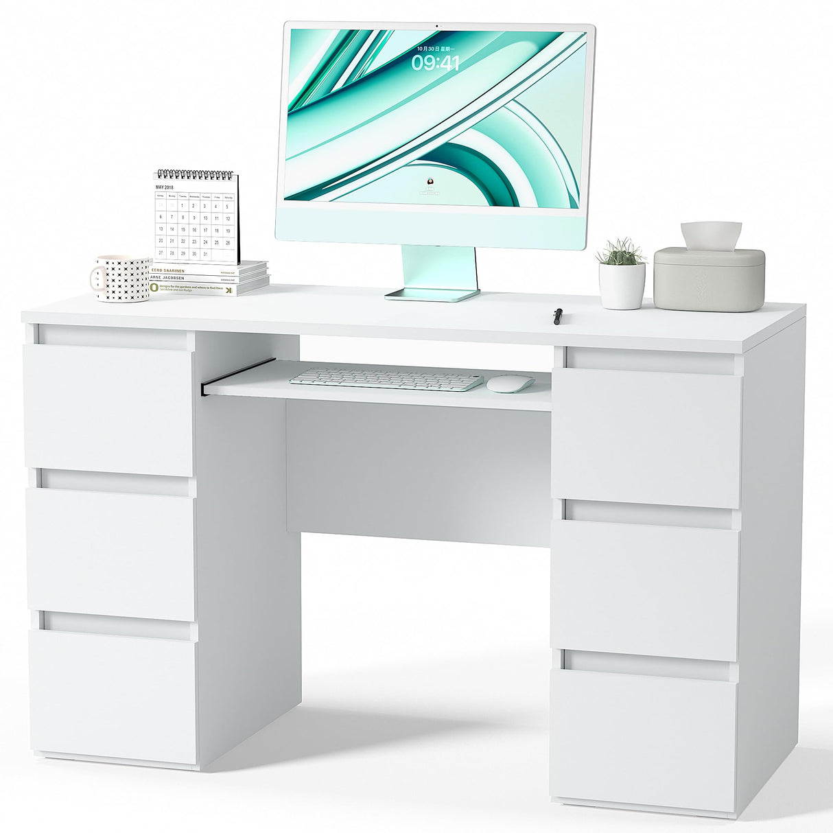 Computer Desk with Storage Shelf and 6 Drawers, 47 inch Writing Home Office Workstation,
