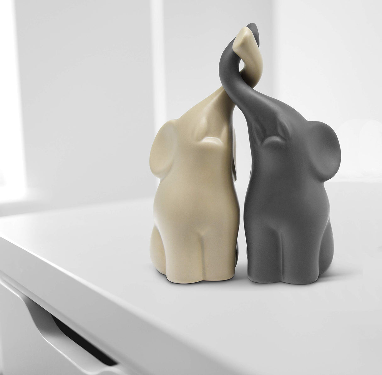 Loving Pair of Elephants in Beige & Grey - Modern Ceramic Sculpture - Figurine as a Set