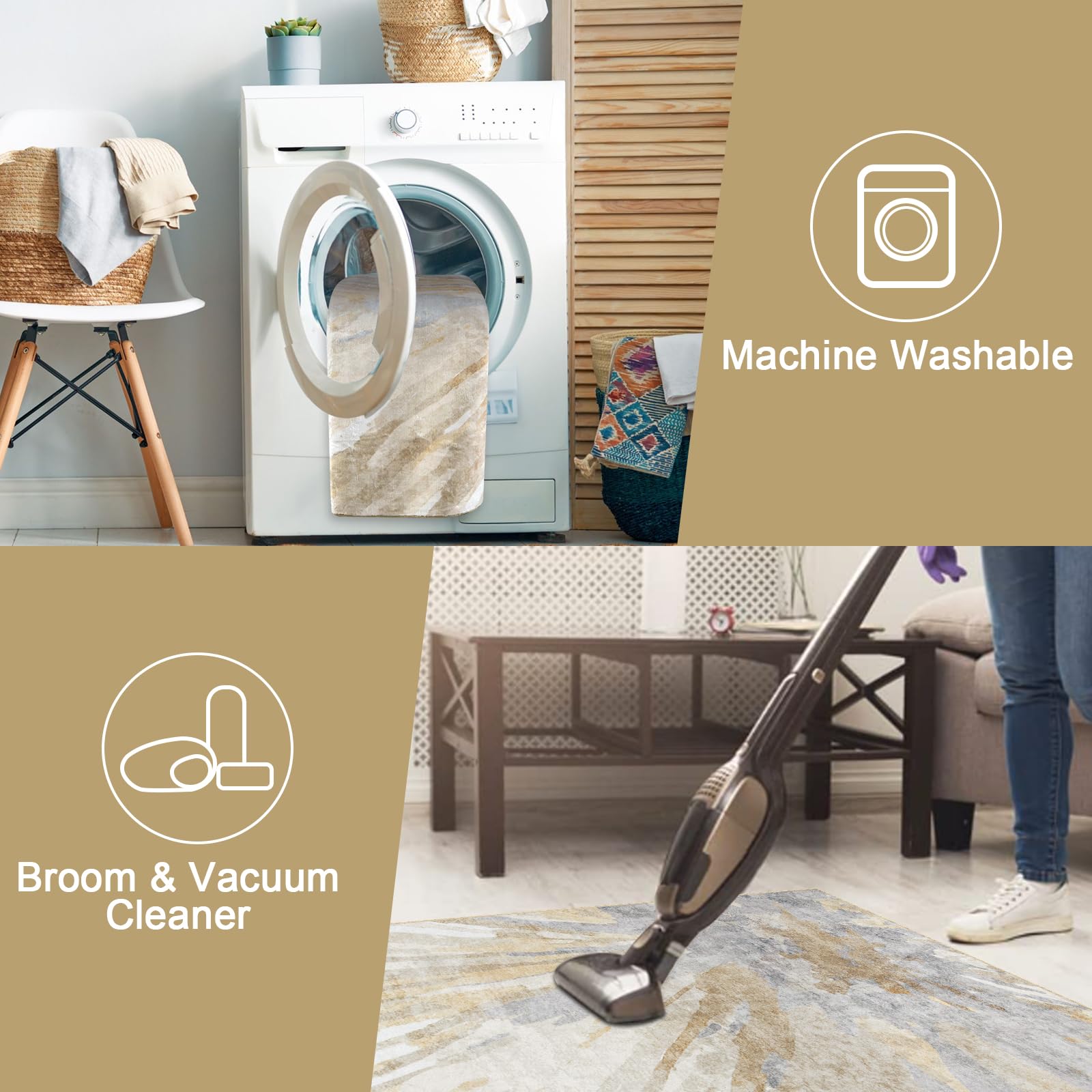 Neutral Abstract 5x7 Area Rug for Bedroom, Soft Low-Pile Faux Wool Living Room Carpet