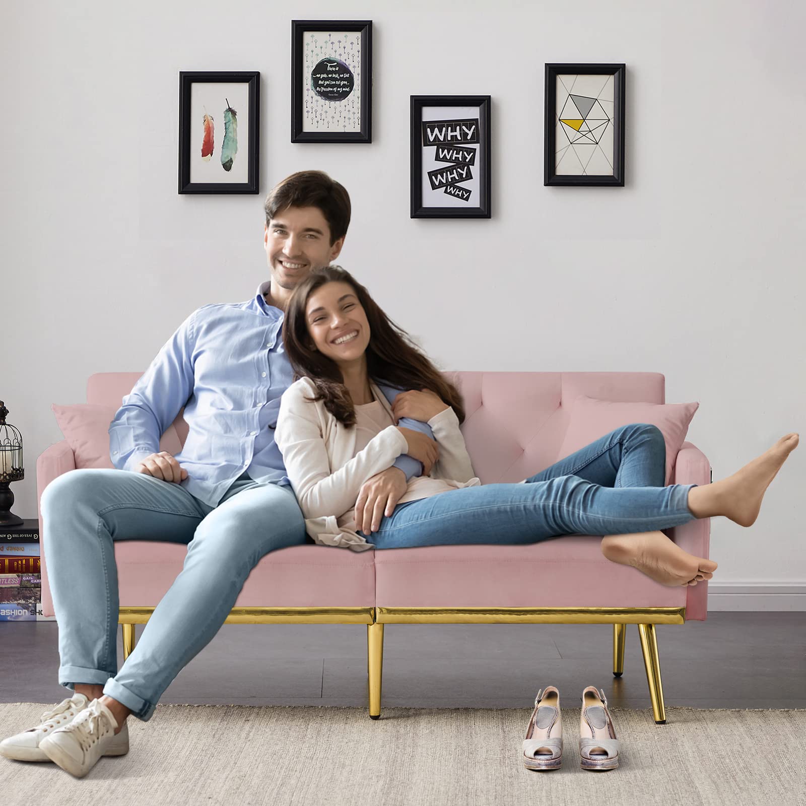 Convertible Futon Sofa Bed, 59-inch Modern Velvet Sleeper Sofa Small Loveseat