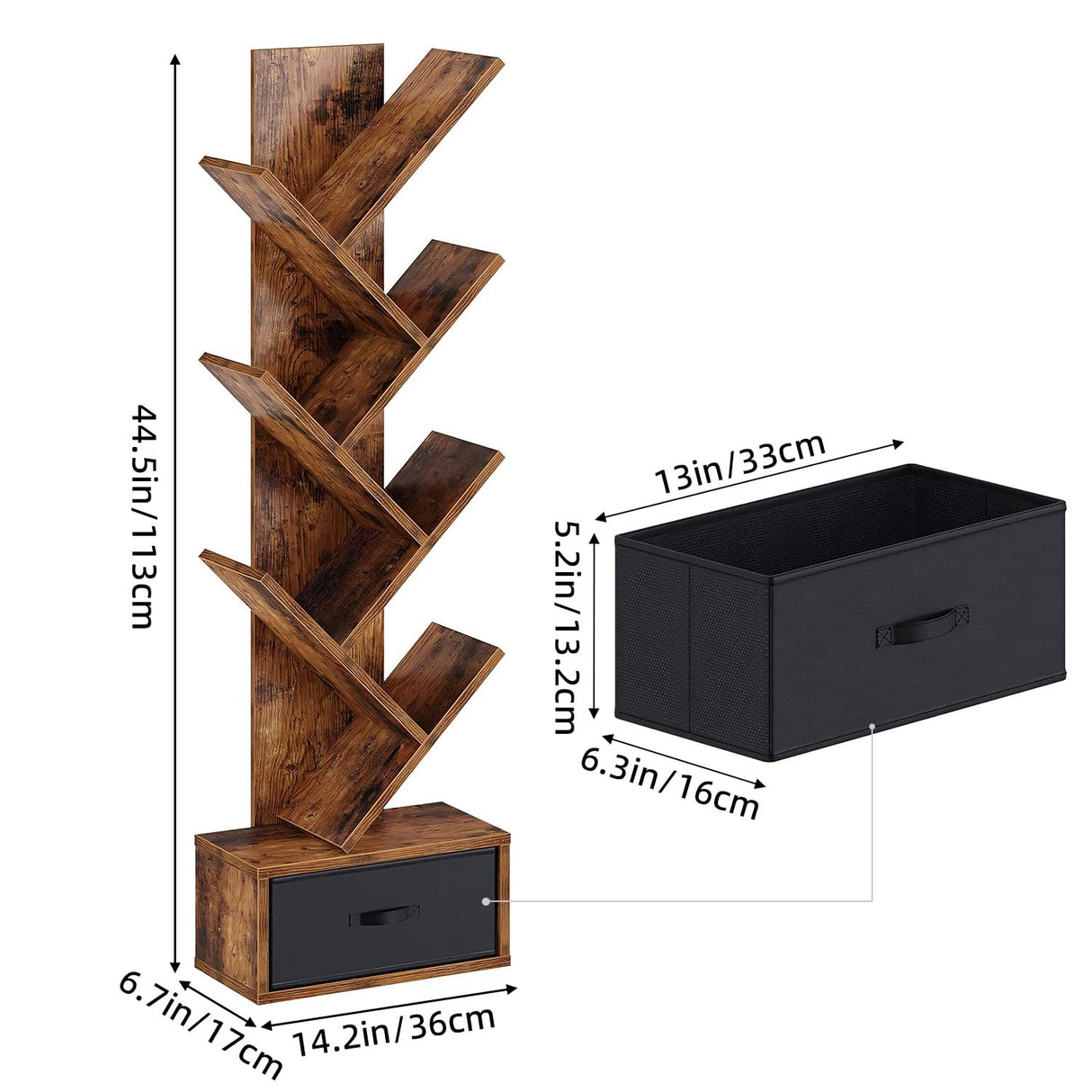 SUPERLELE 6 Shelf Bookshelf with Drawer, Retro Tree Bookcase Floor Standing Bookcase for CDs/Movies/Books, Utility Book Organizer Shelves for Bedroom, Living Room, Home Office