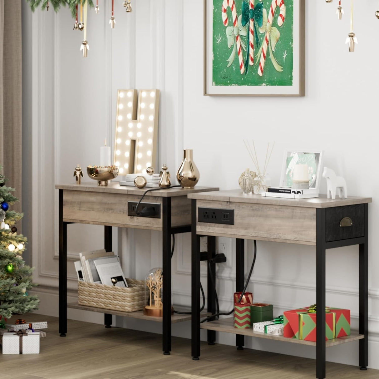 Set of 2 End Table with Charging Station, Night Stand/Sofa Couch Table/Bedside Table