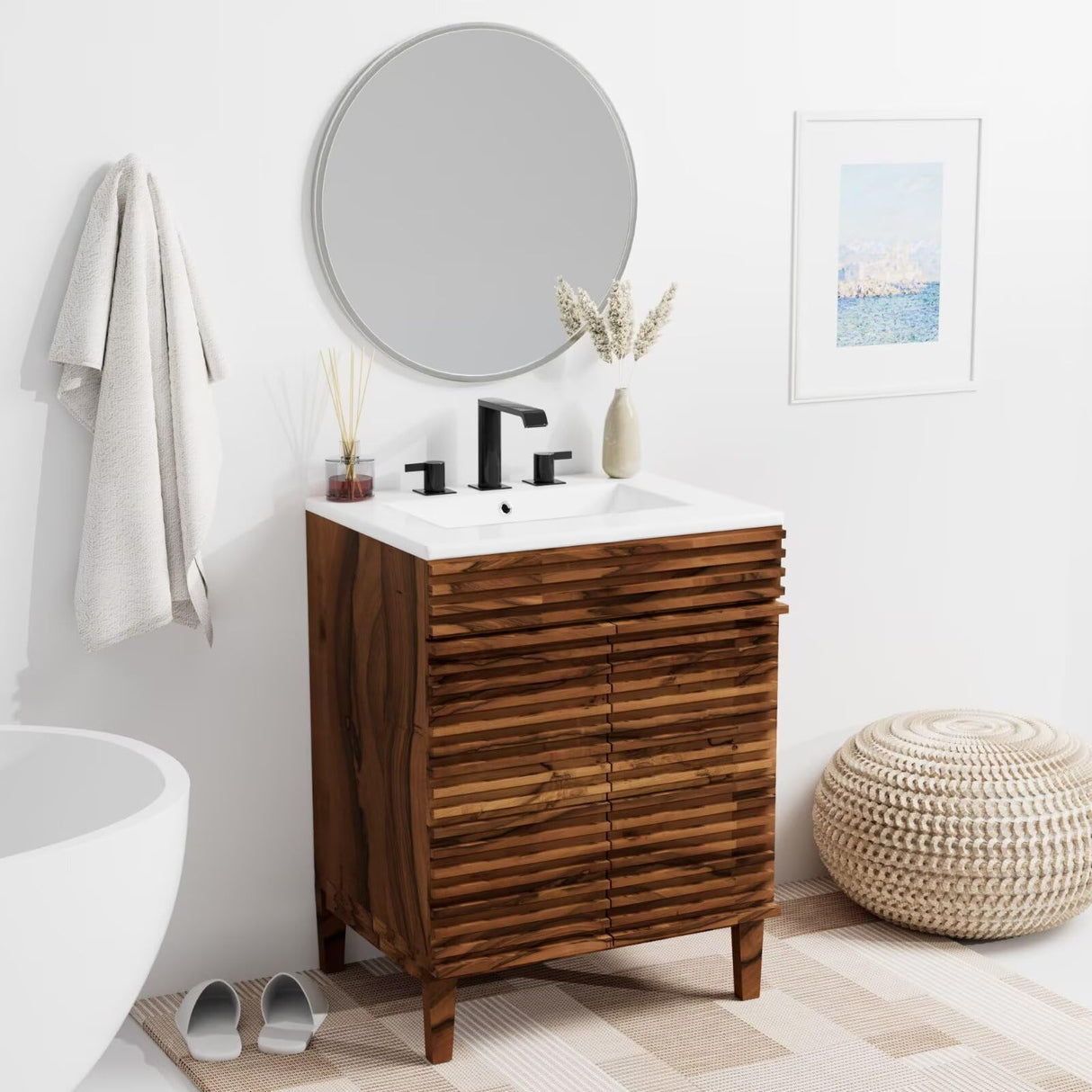 24" Nature Acacia Wood Bathroom Vanity with Integrated Ceramic Sink and Sliver Round
