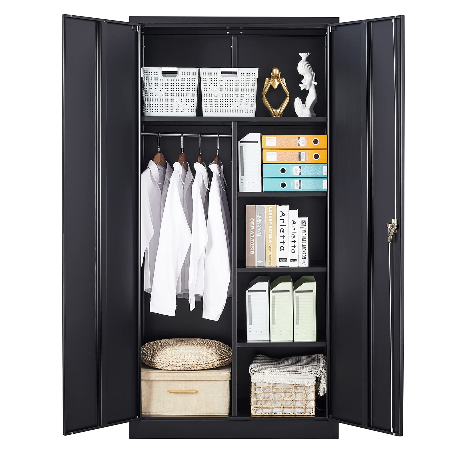 Metal Storage Cabinet, 72" Locking Metal Storage Cabinet with Shelves and Hanging Rod
