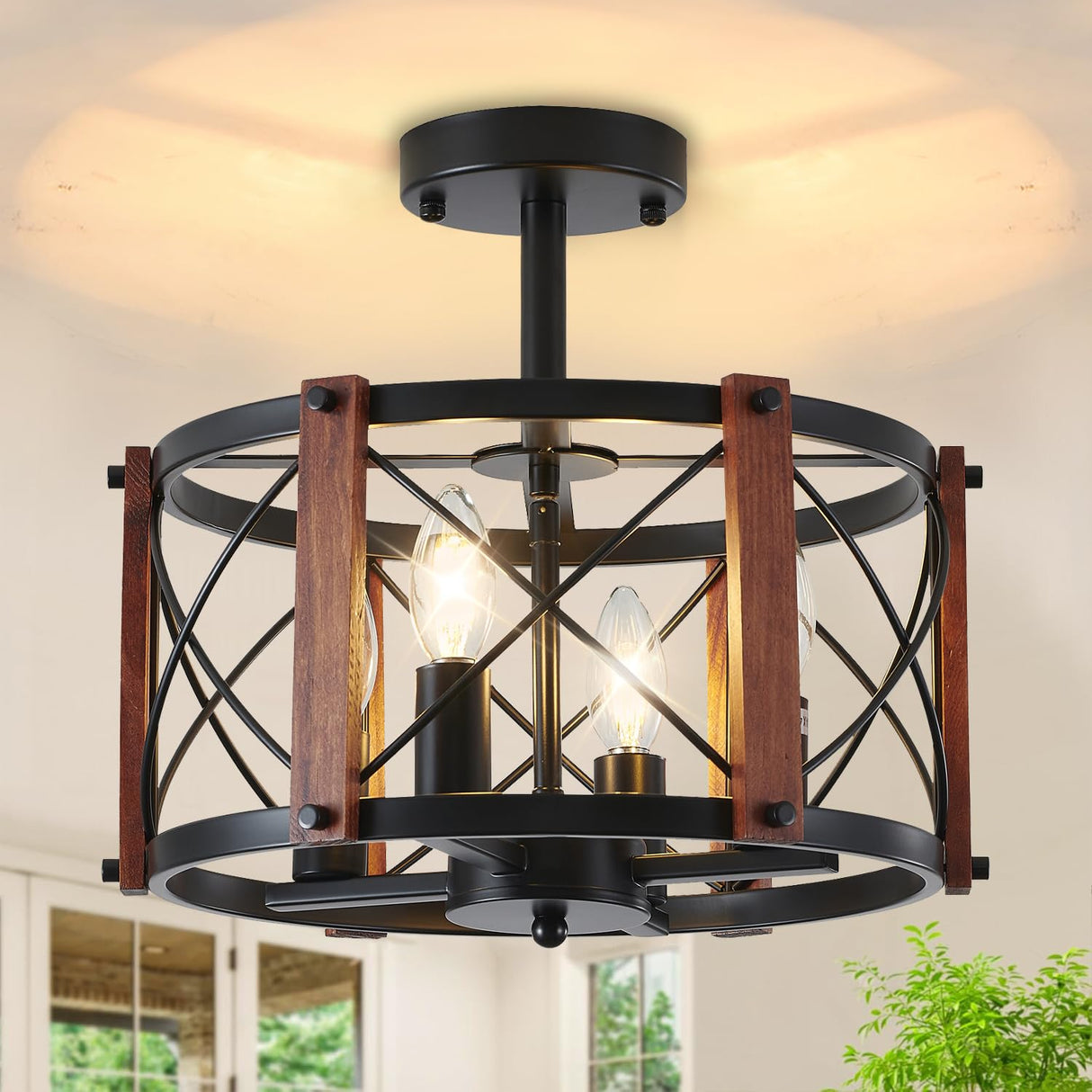 4-Light Farmhouse Wood Semi Flush Mount Ceiling Light