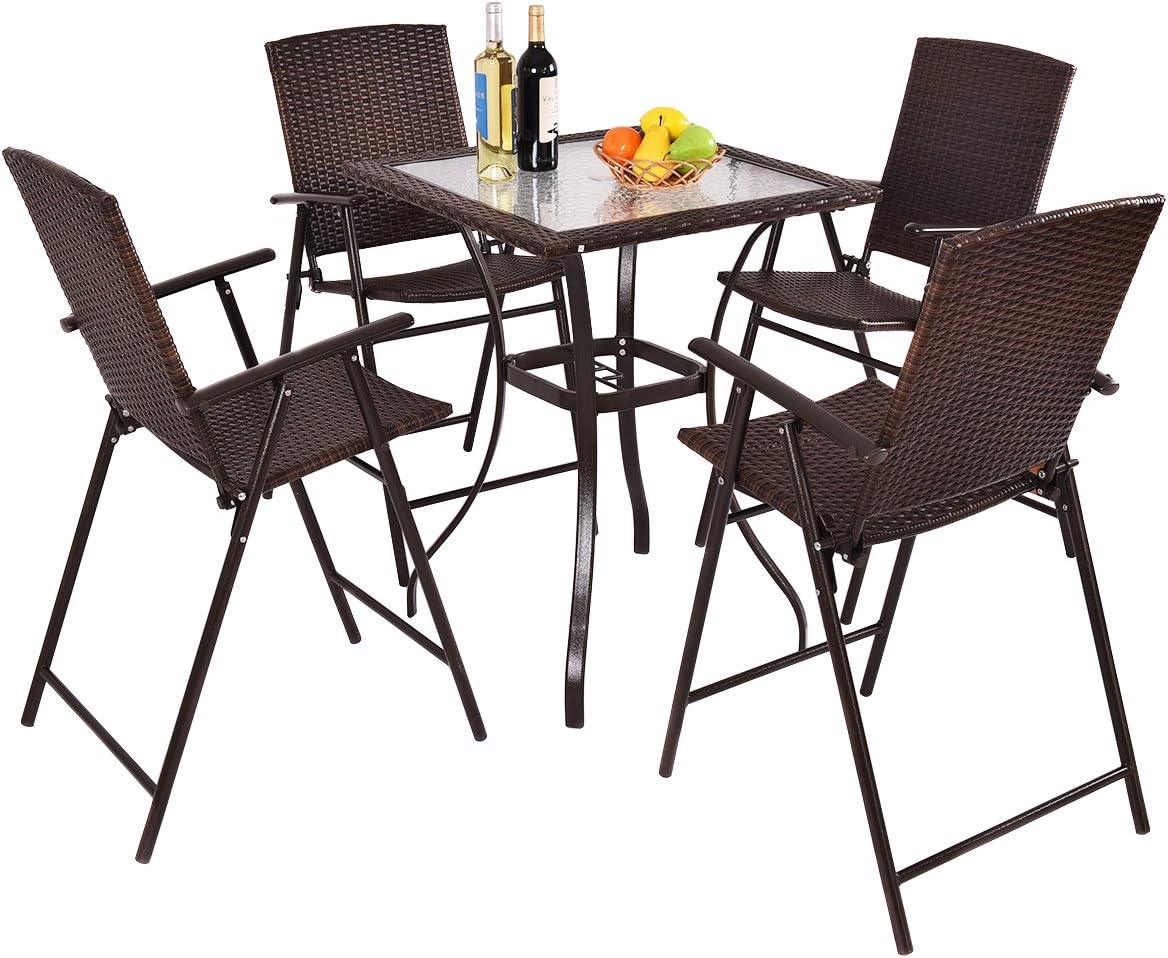 5 Pieces Patio Dining Set, 4 Folding Wicker Sling Chairs and Square Glass Top Table Set