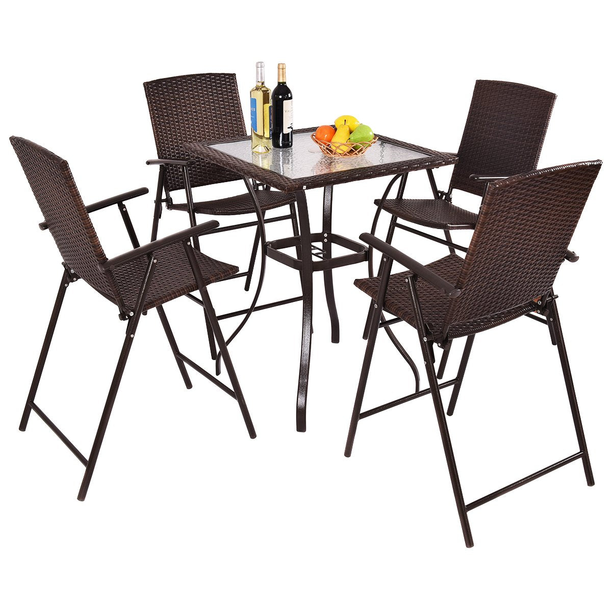 5 Pieces Patio Dining Set, 4 Folding Wicker Sling Chairs and Square Glass Top Table Set