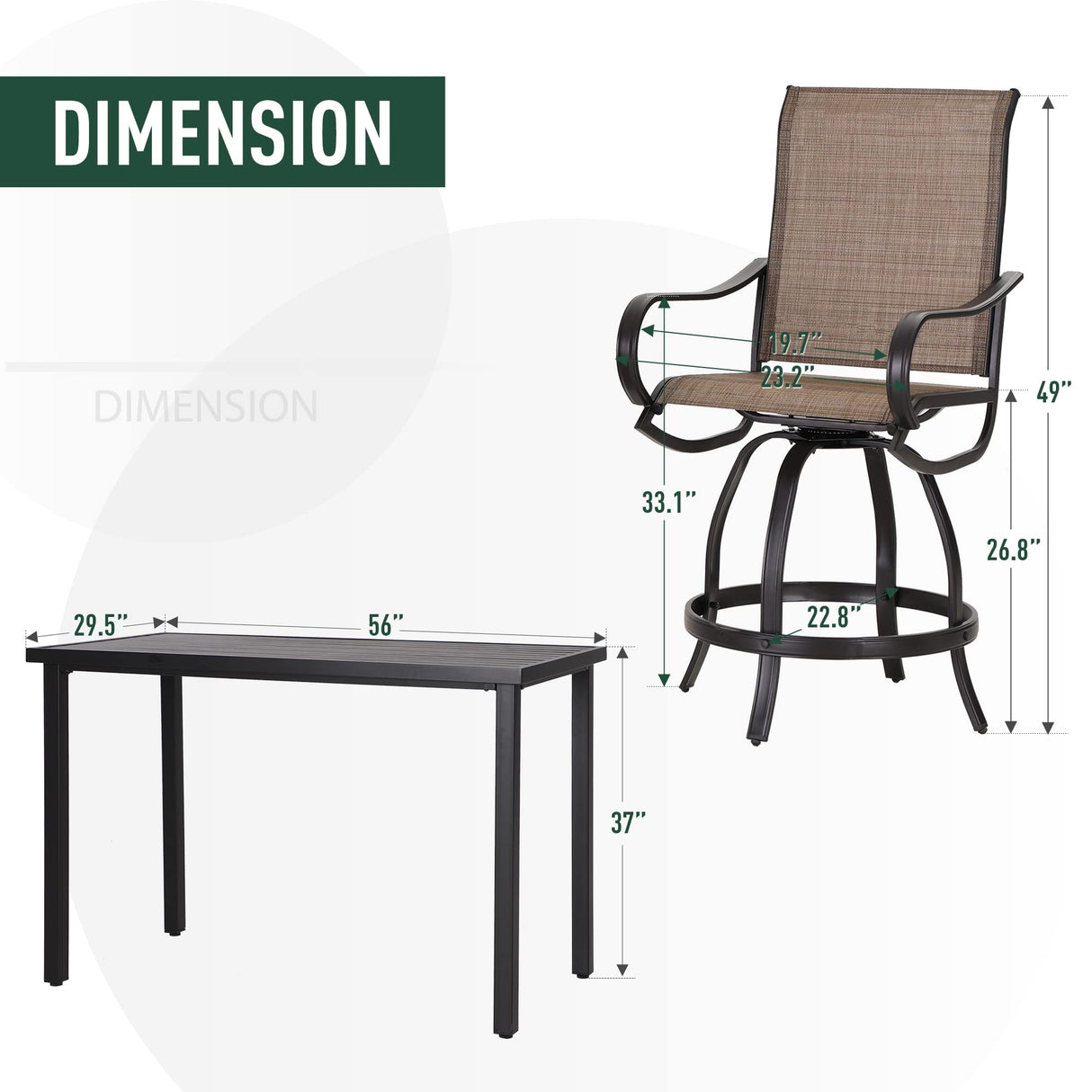 PHI VILLA 5 PCS Outdoor Bar Set, Counter Height Swivel Chair with Rectangle Metal Table, Textilene Fabric and Quick-Drying Waterproof,High Patio Set for Garden, Yard, Poolside