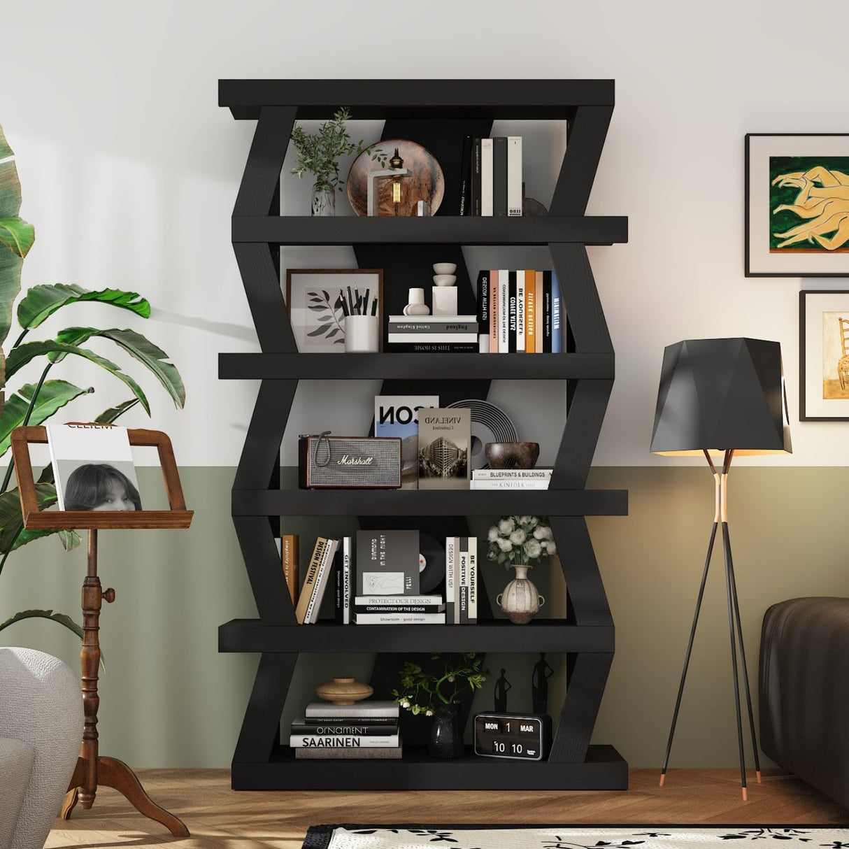 FAMAPY 63.8” Wavy-Shaped Bookshelf with 5-Tier Shelves, Standing Display Book Shelves, Book Case Shelf Wood Open Bookcase for Home Office Living Room 11.5”D x 35.4”W x 63.8”H