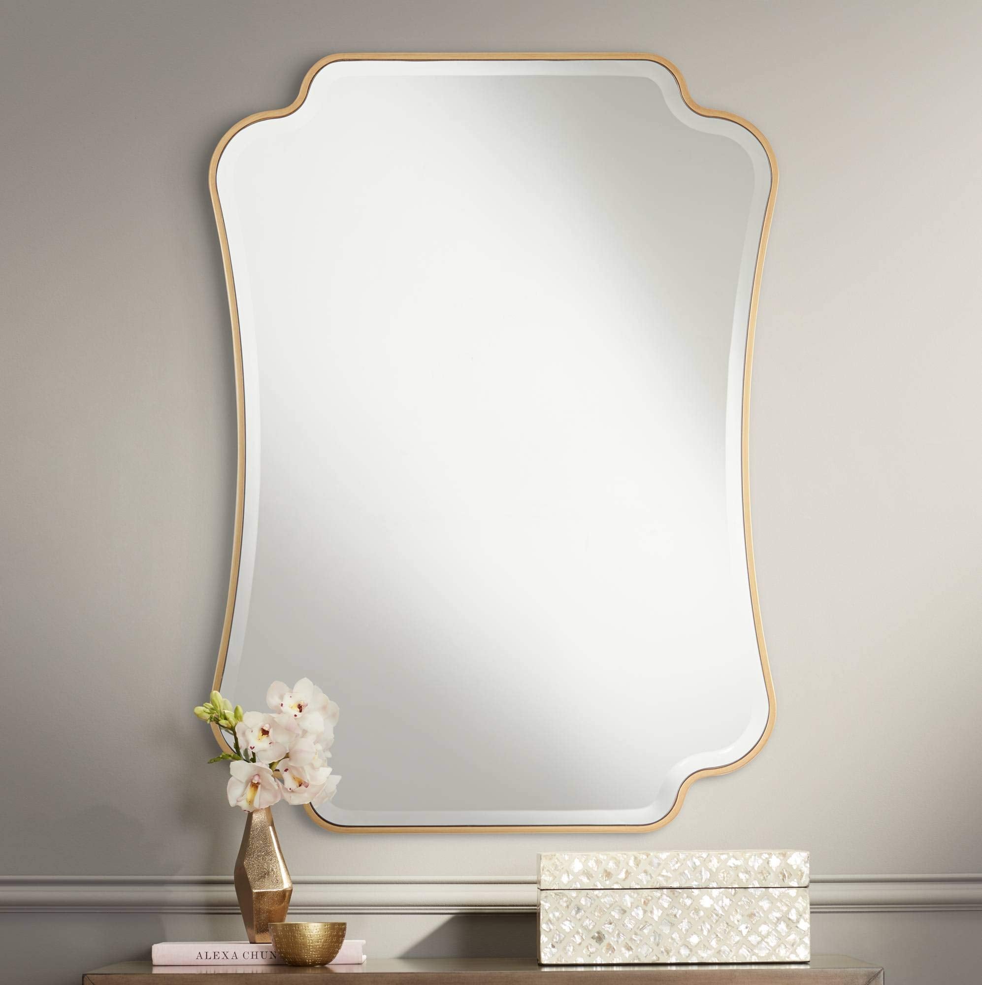 Indara Scalloped Corner Rectangular Vanity Decorative Wall Mirror Antique Gold Wood