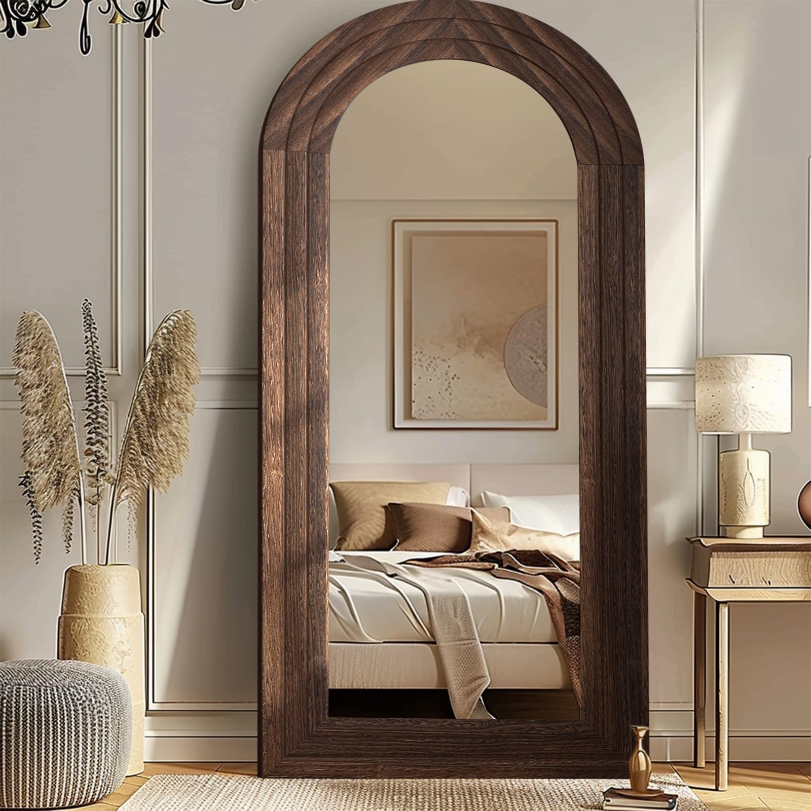 Arched Full Length Mirror with Solid Wood Frame, 71x32 Farmhouse Wall Mounted Floor Mirror