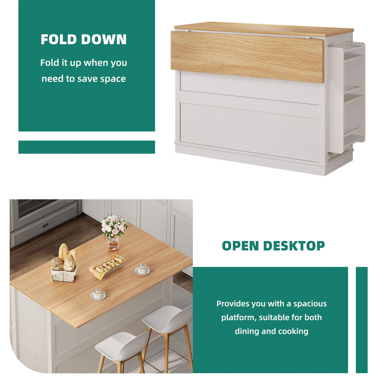 50 Inch Rolling Kitchen Island with Trash Can Storage Cabinet & Drop Leaf