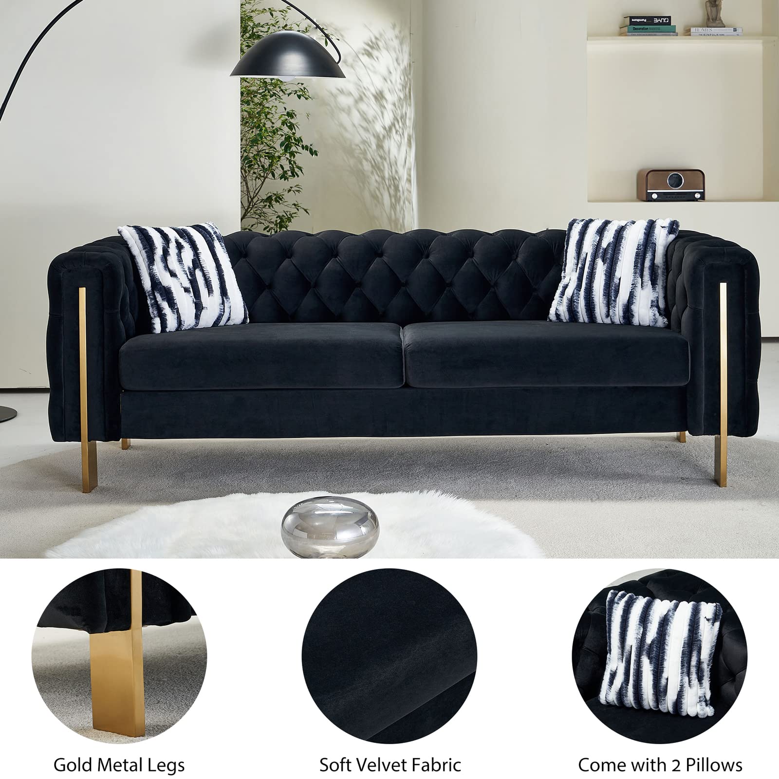 Modern Velvet Sofa – 84” Tufted Couch with Pillows & Metal Legs
