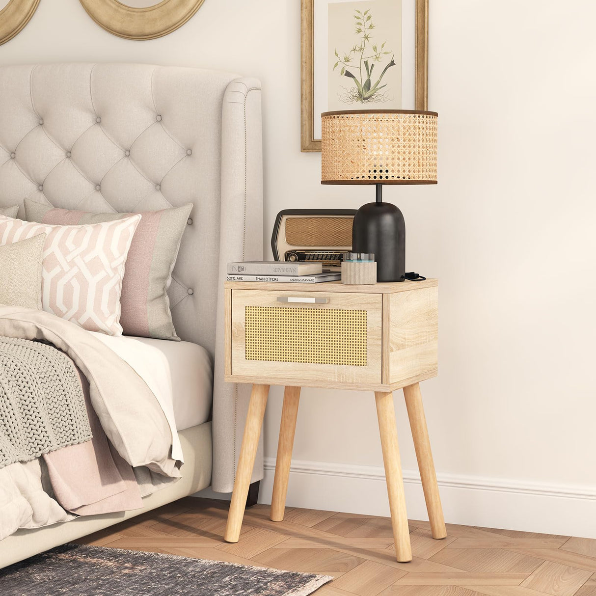 Nightstand, Small Bedside Table, Handmade Rattan Decorated Drawer, Solid Wood Legs