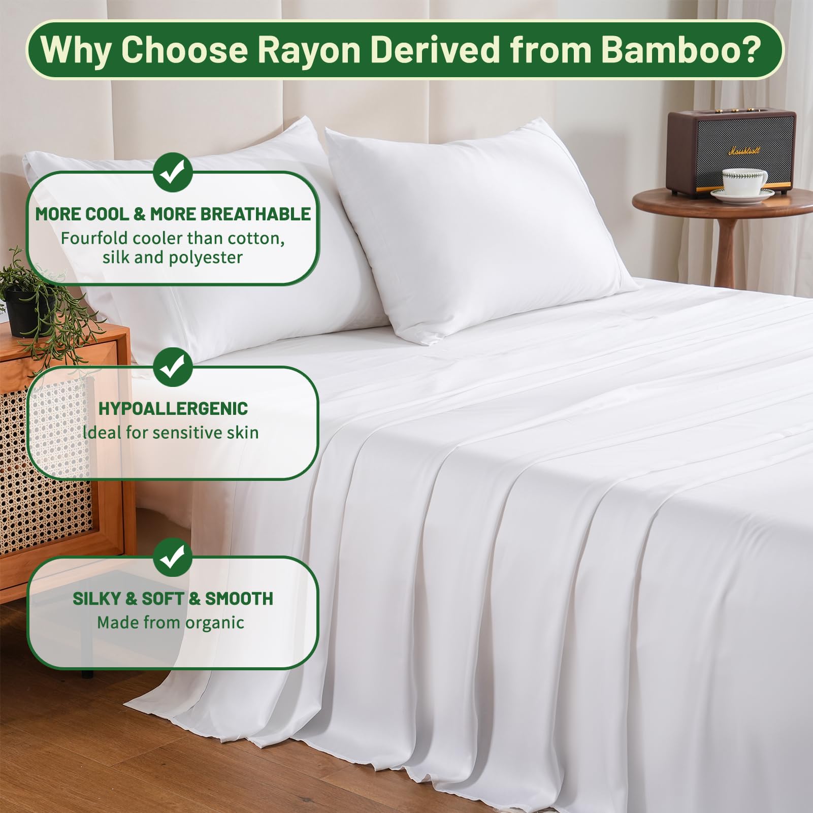 King Size Sheet Set Cooling Sheets Rayon Derived from Bamboo-400TC
