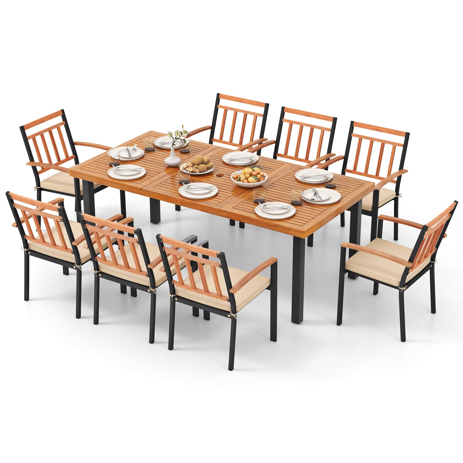 9 Pieces Patio Dining Set, Outdoor Acacia Wood Table and Chairs