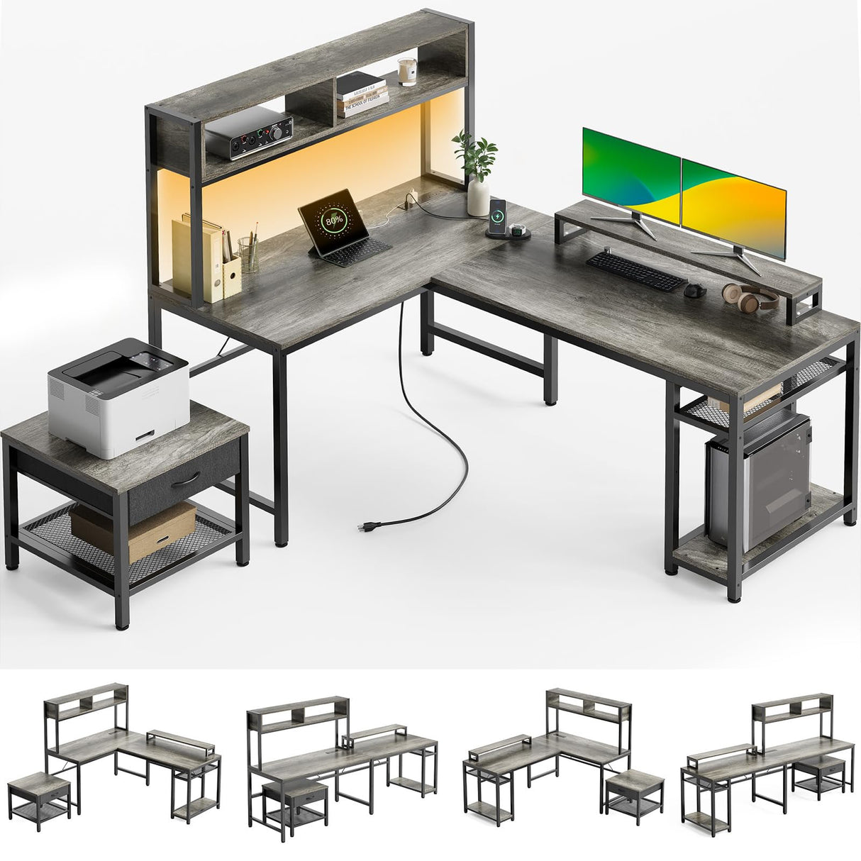 L Shaped Computer Desk with Power Outlet & LED Strip, Reversible Corner Desk