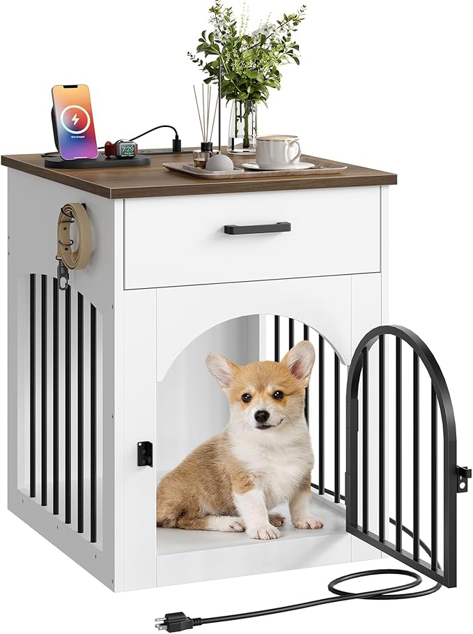 Wooden Dog Crate Furniture with Charging Station & Storage