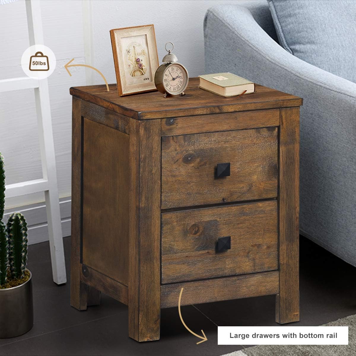 Nightstand with Drawer, Fully-Assembled 2-Drawer Bedside Tables