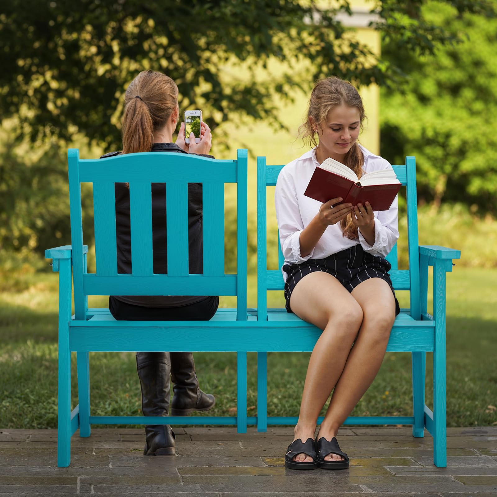 Outdoor Bench, 2-Person Weatherproof Garden Bench with Adjustable Backrest