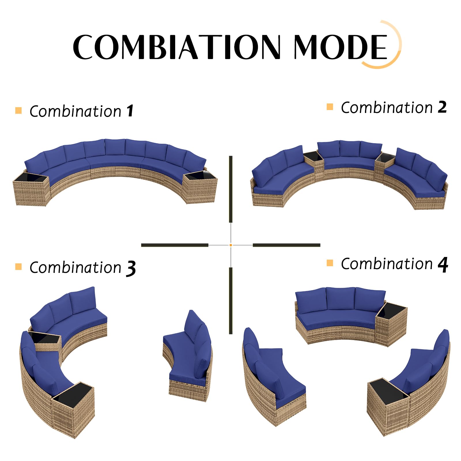 Patio Conversation Set, 11 Piece Half-Moon Sectional Round Patio Furniture Set