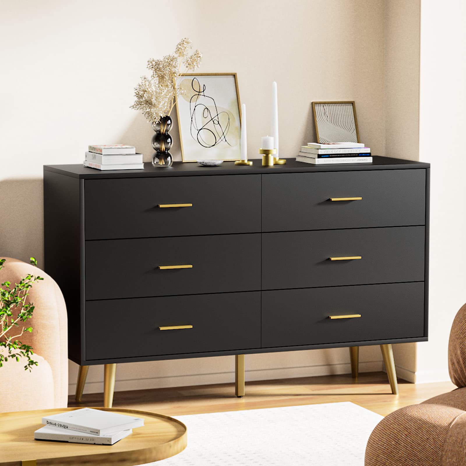 Black 6 Drawer Dresser for Bedroom, Wooden Black Double Dresser with G