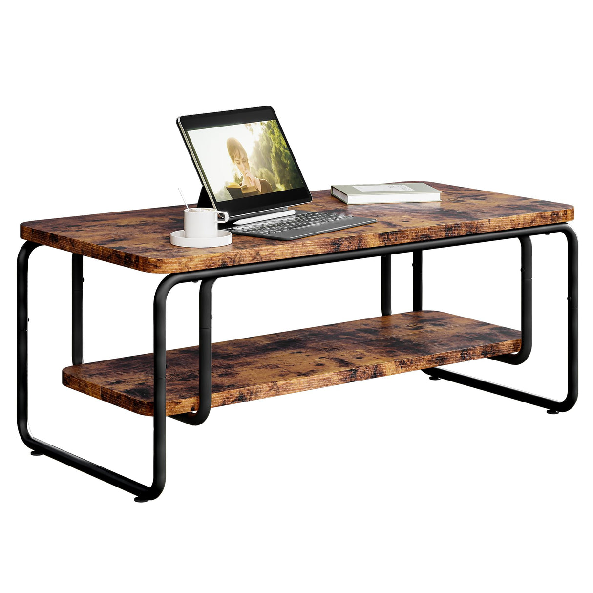 47" Coffee Table, Rectangle Coffee Table with 2-Tier Storage and Rounded Corner