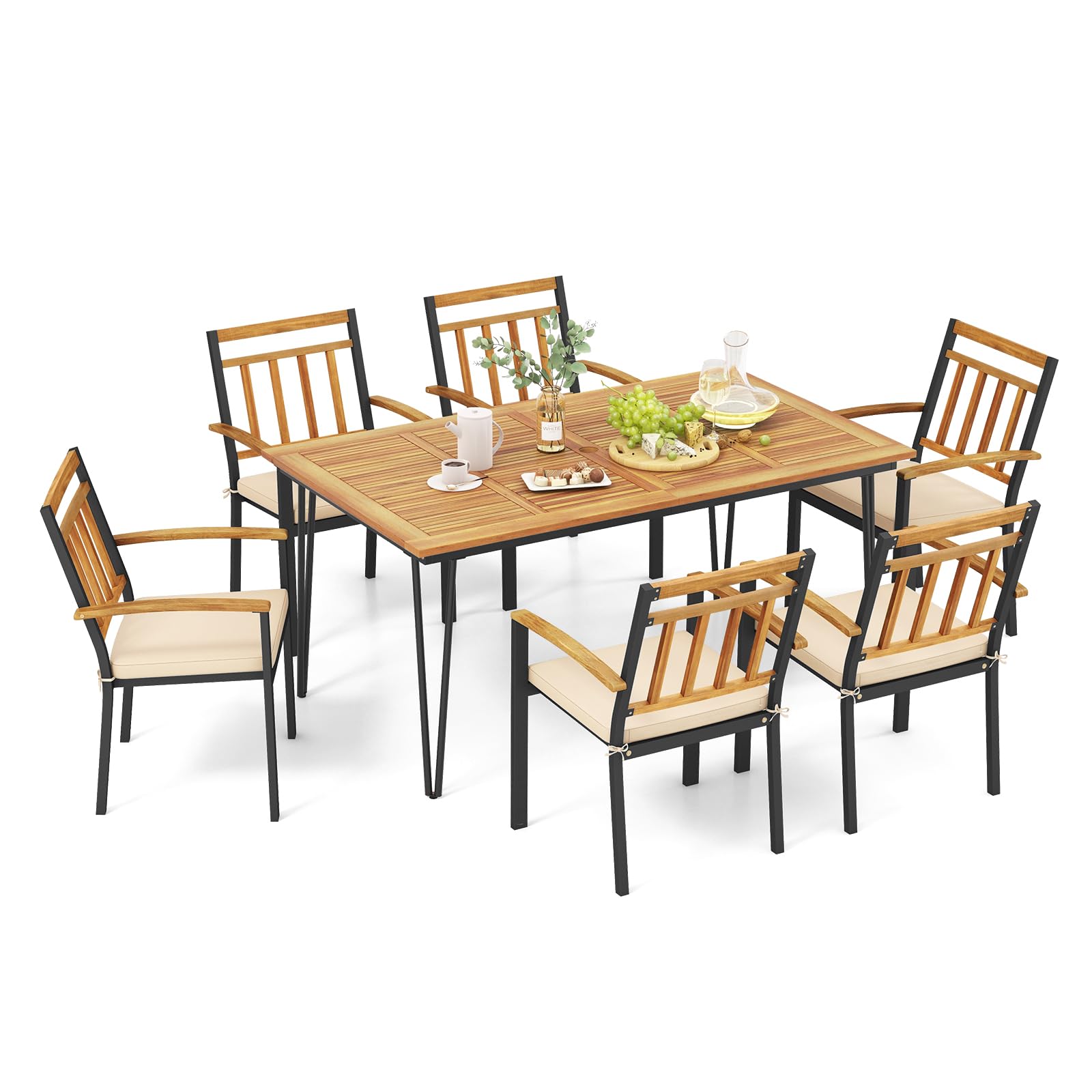 7 Pieces Patio Dining Set with Acacia Wood Dining Table & Armchairs, Soft Cushions, 2”