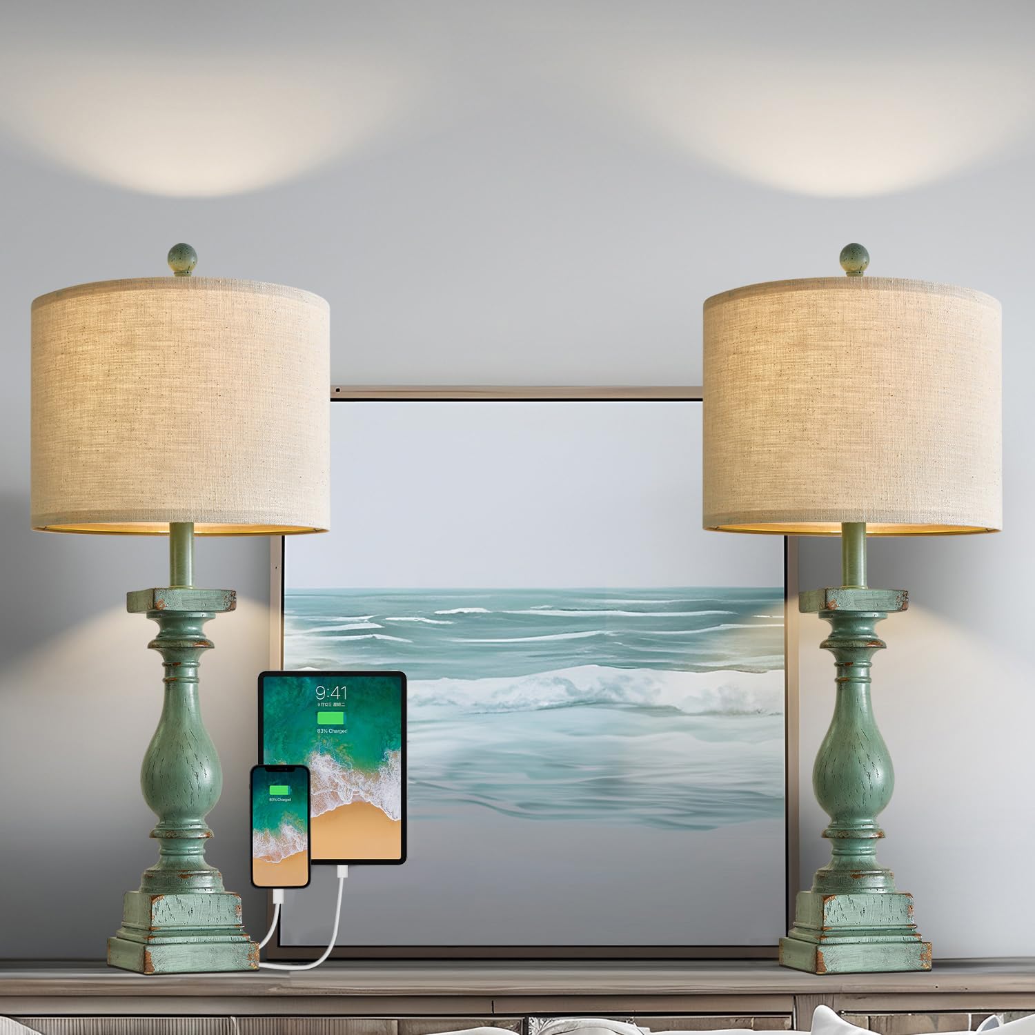 27" Farmhouse Table Lamp Set of 2 with USB A+C for Bedroom Living Room Vintage Rustic