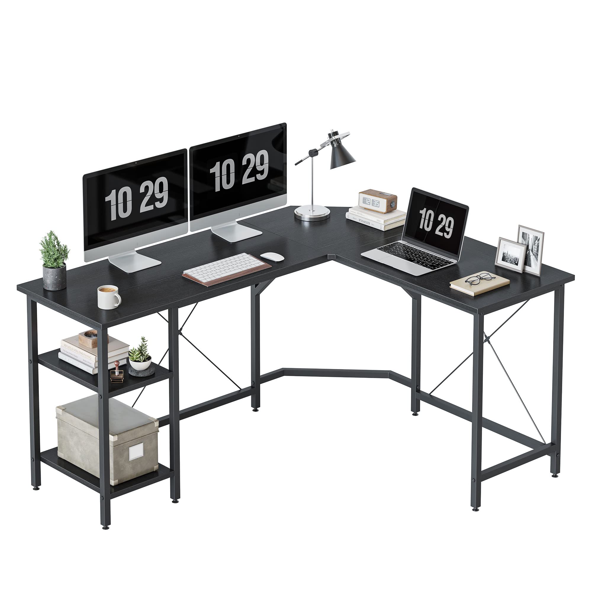 L Shaped Computer Desk, 59" Reversible Corner Desk with Storage Shelves, Home Office Desk for Writing Gaming Study, Black