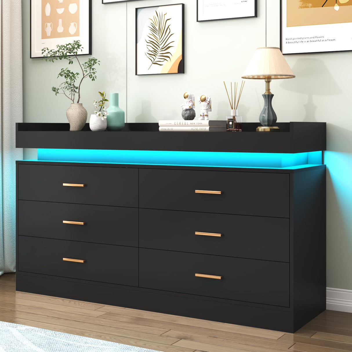 6 Drawer Dresser with LED Light, Modern Chest of Drawers