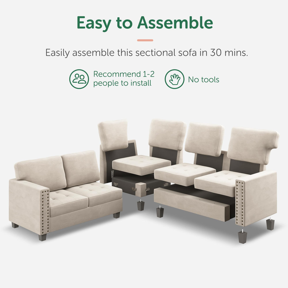 HONBAY Velvet Convertible Sectional Couch, U Shaped Sectional Sofa with Chaise Modular Sectional with Storage Ottoman Corner Couch for Living Room, Beige