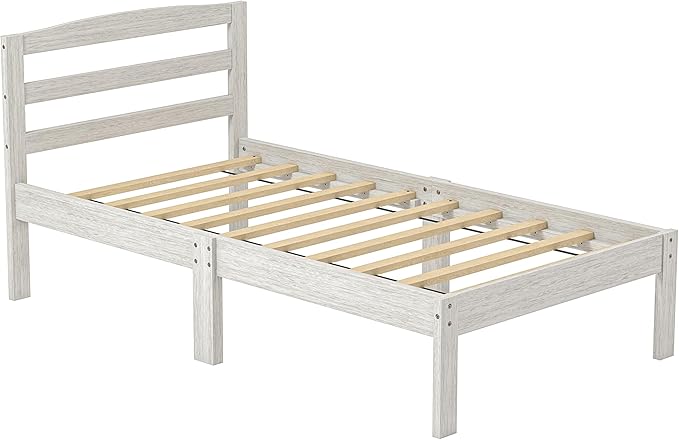 HOMES: Inside + Out Evins Farmhouse Wood Twin-Size Platform Bed for Bedroom, Gray