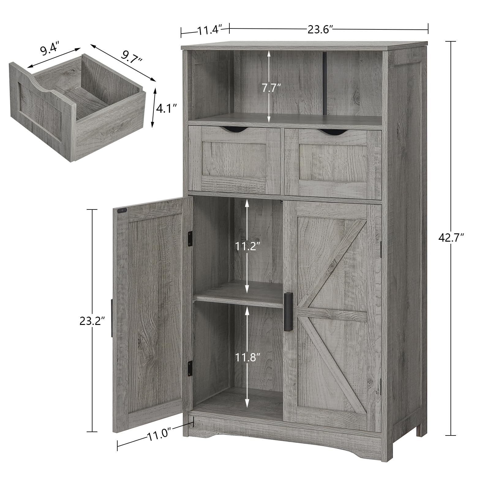 Bathroom Cabinet, Storage Cabinet with 2 Adjustable Drawers & 2 Barn Doors, Standing