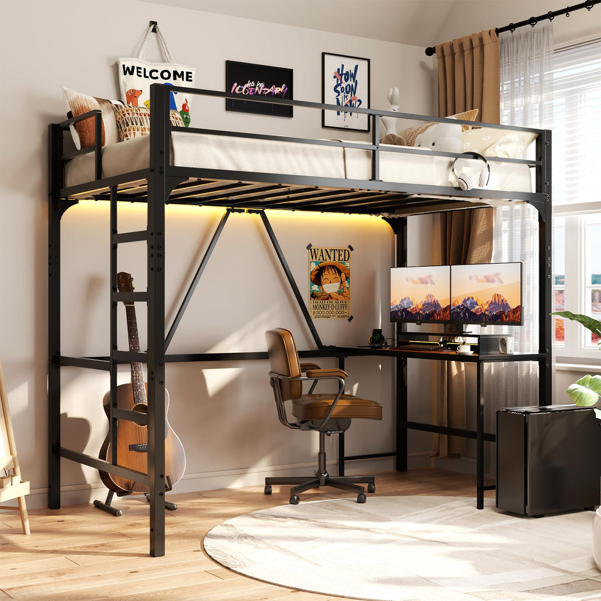 Loft Bed Twin Size with Desk and Power Outlet, Metal Bunk Bed with Desk Underneath with LED Lights, Bunkbed with Loft, Junior Twin Loft Bed with Safety Guard, Black