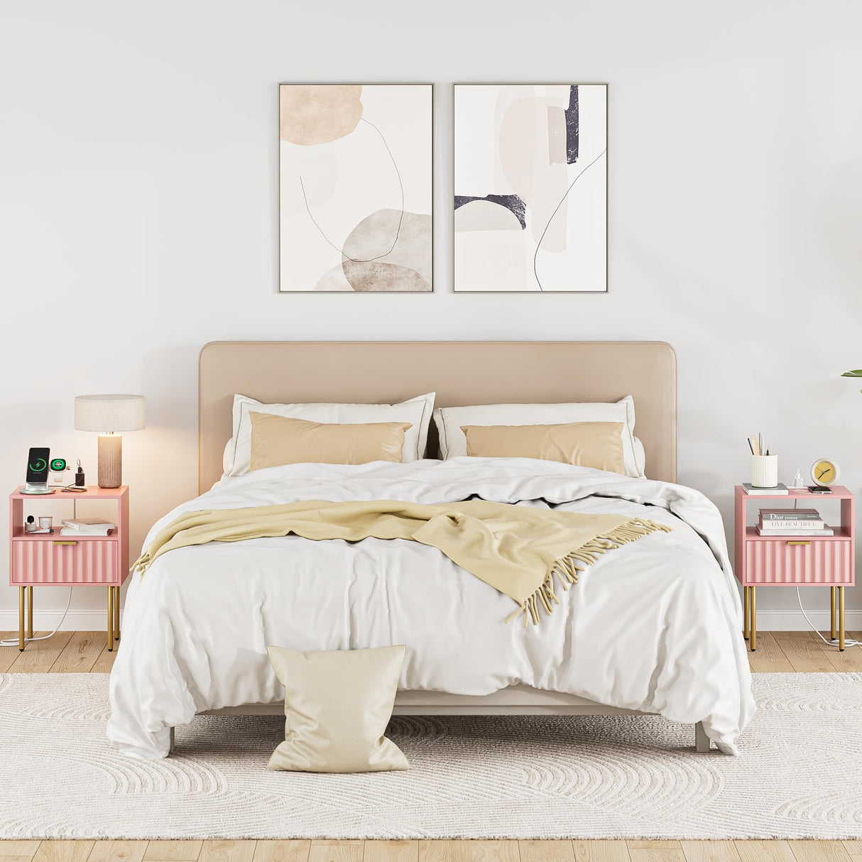 Night Stand with Charging Station, Fluted Bedside Table with Gold Frame