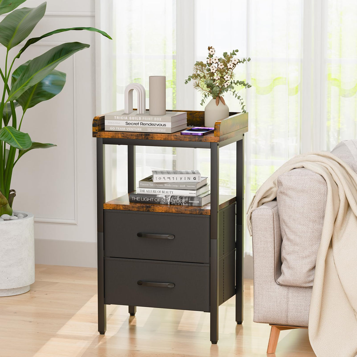 nightstand with Charging Station Bedside Table with Drawers USB Side Tables Bedroom