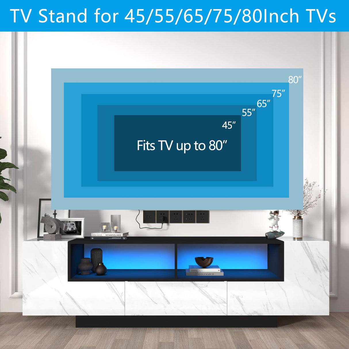 70in White TV Stand for 75/80 inch TV,Modern LED TV Stand,High Gloss Entertainment