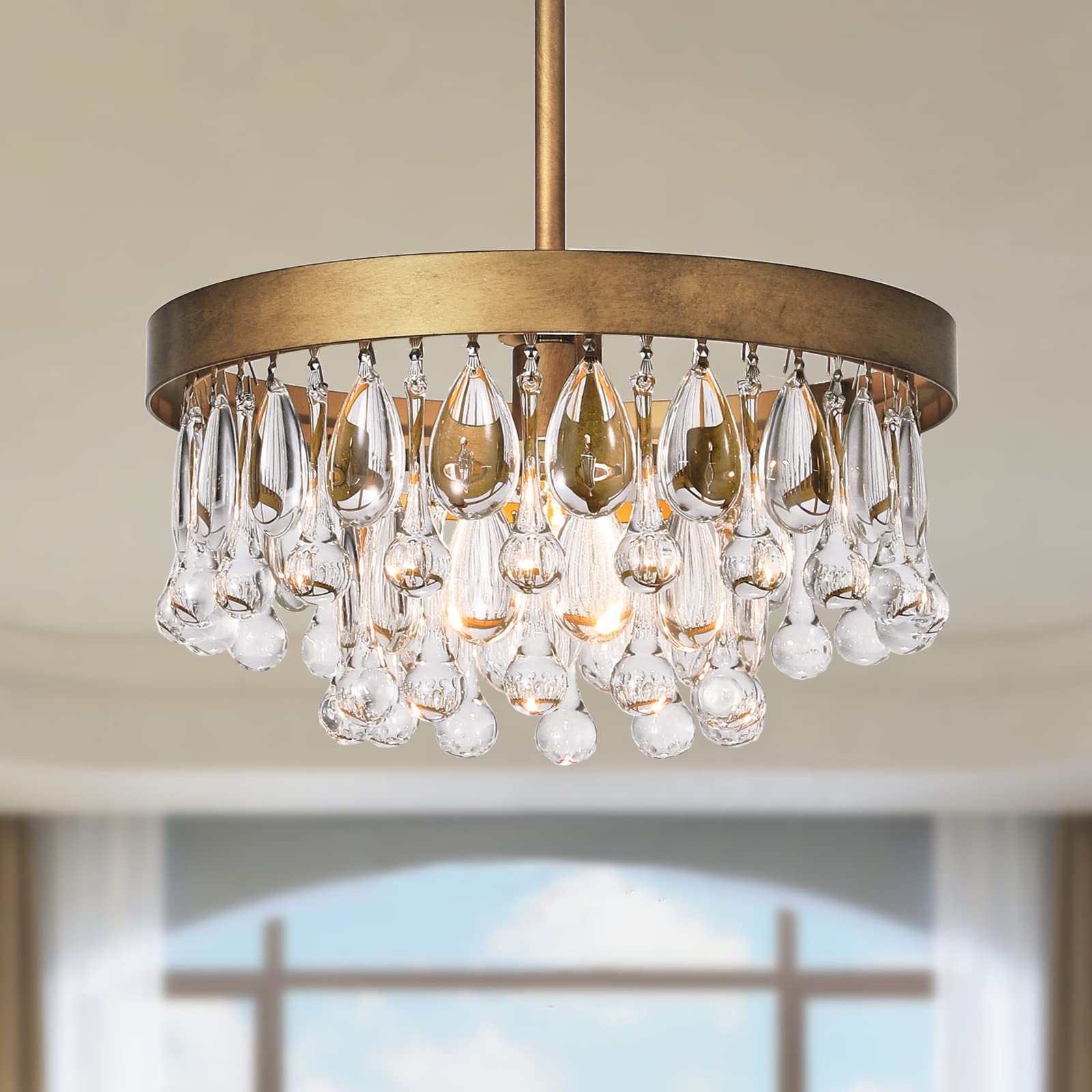 SEOL-Light Antique Gold Crystal Round Tiered Flush Chandeliers Small Pendant Light Fixture for Kitchen,Closet,Entryway,1 Light,40W,E12,12 Dia*6" H;