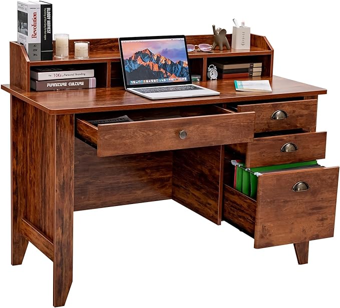 Computer Desk with 4 Storage Drawers and Hutch Wood Executive Table for PC Laptop