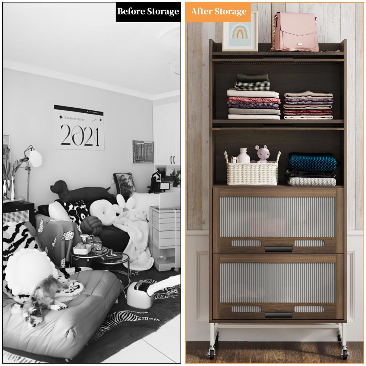 Wooden Storage Cabinet with 4 Drawers, Freestanding Bathroom Cabinets with Acrylic