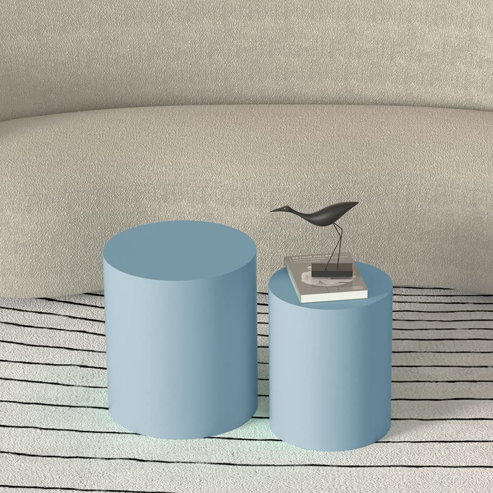 Nesting Coffee Table Set of 2, Blue Round Wooden Nesting Tables Modern Circle Table