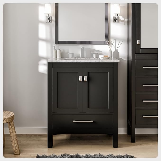 Aberdeen 36 Inch Bathroom Vanity with White Carrara Quartz Countertop - Porcelain Sink