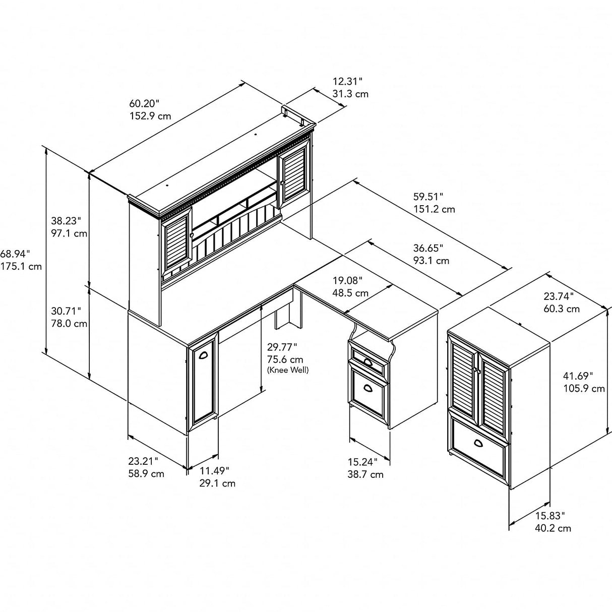 Fairview L Shaped Desk with Hutch and Storage Cabinet with File Drawer