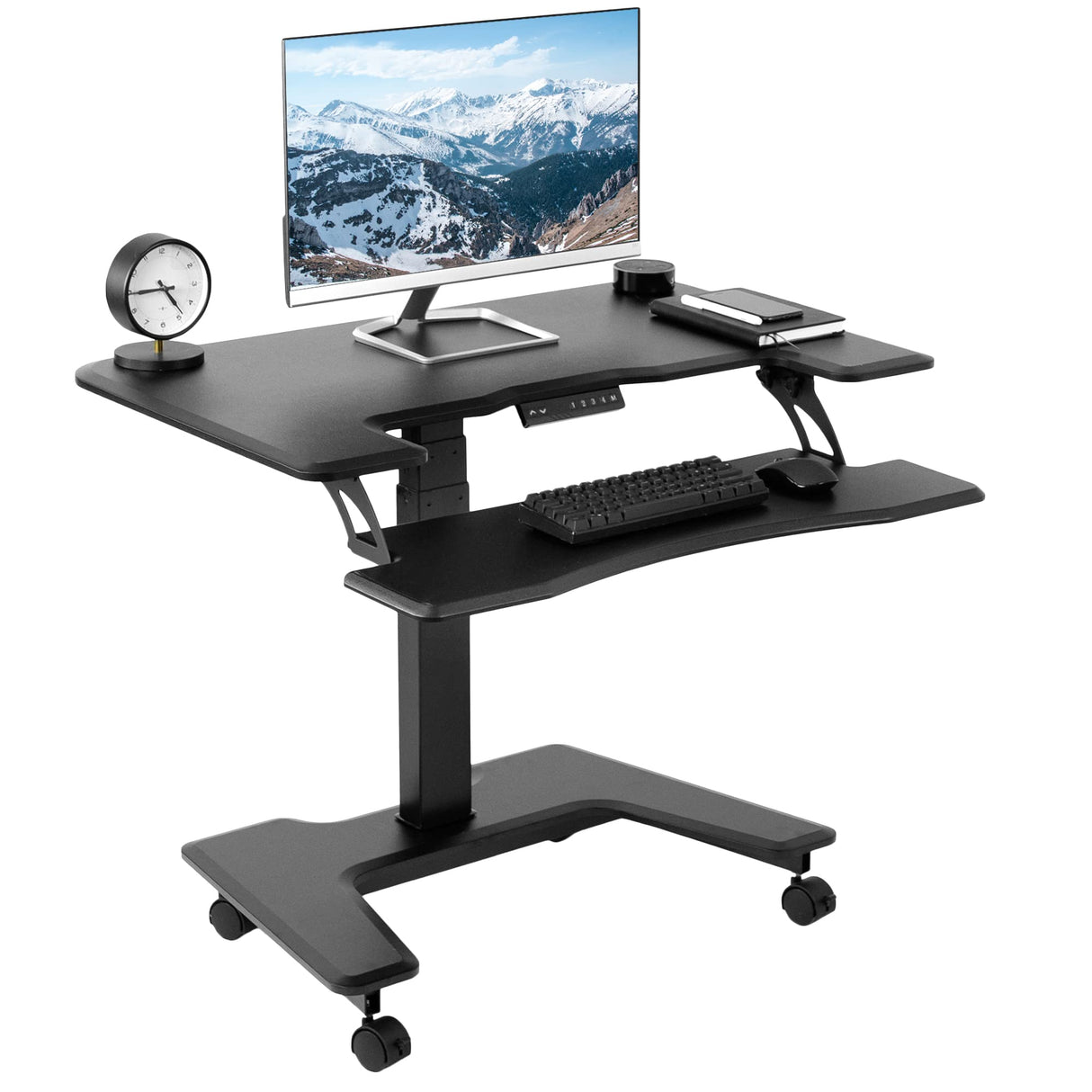 Black Electric Mobile Height Adjustable 36 inch Dual Platform Standing Desk with Wheels, Rolling Small Space Table, Sit Stand Workstation, DESK-V111VT