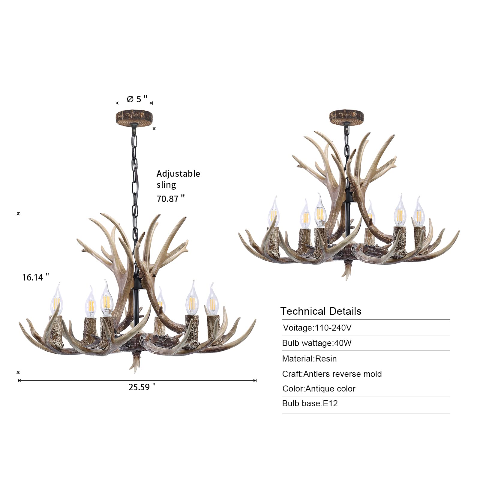 HUITICO Rustic Antler Chandelier Lighting, 6 Light Resin Deer Antler Chandelier Vintage Style for Living Room Dining Room Bedroom Retro Deer Horn Cabin Light